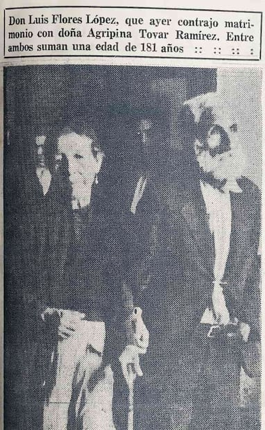 Nota en EL UNIVERSAL del 19 de agosto de 1939 sobre el casamiento civil entre Agripina Tovar y Luis Flores. Si se sumaban sus edades al momento de desposarse, daba un total de 181 años. Foto: Hemeroteca EL UNIVERSAL.