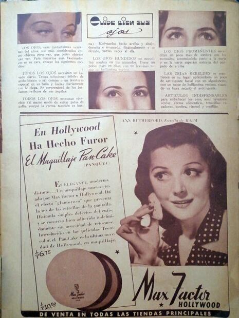 En el año 1955, el maquillaje Pan-Cake prometía permanecer adherido al rostro de forma indefinida. El producto había causado furor en Hollywood, al ser de una famosa marca aún vigente. Revista Paquita 1955, Col. Carlos Villasana.