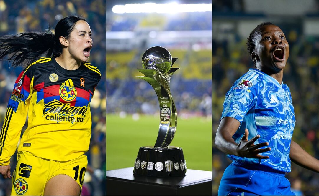 Scarlett Camberos y Thembi Kgatlana en la Final de Ida del Apertura 2025, junto al trofeo para la campeona de la Liga MX Femenil - Fotos: Imago7