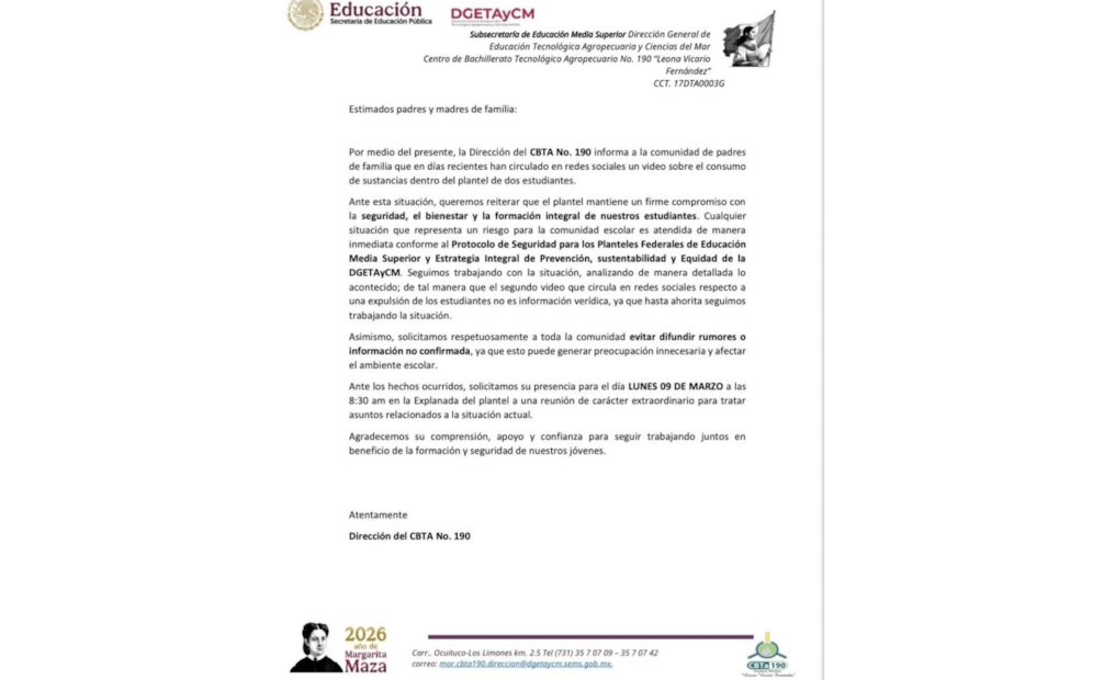 Directivos del CBTA 190 desmienten expulsión de alumnos que consumieron sustancias ilícitas dentro del plantel; estudiantes aceptan su error.
Foto: Especial.