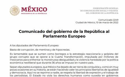 Presidencia de México revira a Parlamento Europeo: "No olviden que ya no somos colonia de nadie"