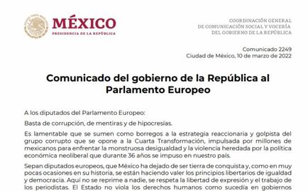 Presidencia de México revira a Parlamento Europeo: "No olviden que ya no somos colonia de nadie"