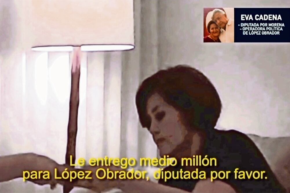 La diputada de Morena Eva Cadena fue videograbada en tres ocasiones, en dos de ellas presuntamente le entregaron un sobre con dinero para López Obrador. (TOMADA DE VIDEO)