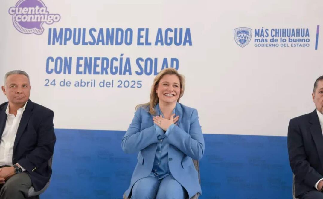 Gobernadora de Chihuahua, Maru Campos, pone en marcha mil 235 paneles solares para beneficiar a los usuarios de agua potable en Ciudad Juárez (24/04/2025). Foto: Especial