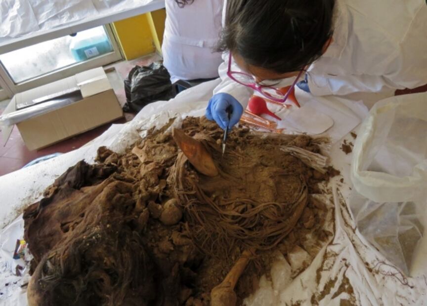 A sólo 40 centímetros del pavimento, descubren restos de una mujer tejedora de hace 600 años