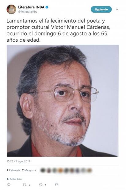 INBA lamenta muerte del poeta Víctor Manuel Cárdenas