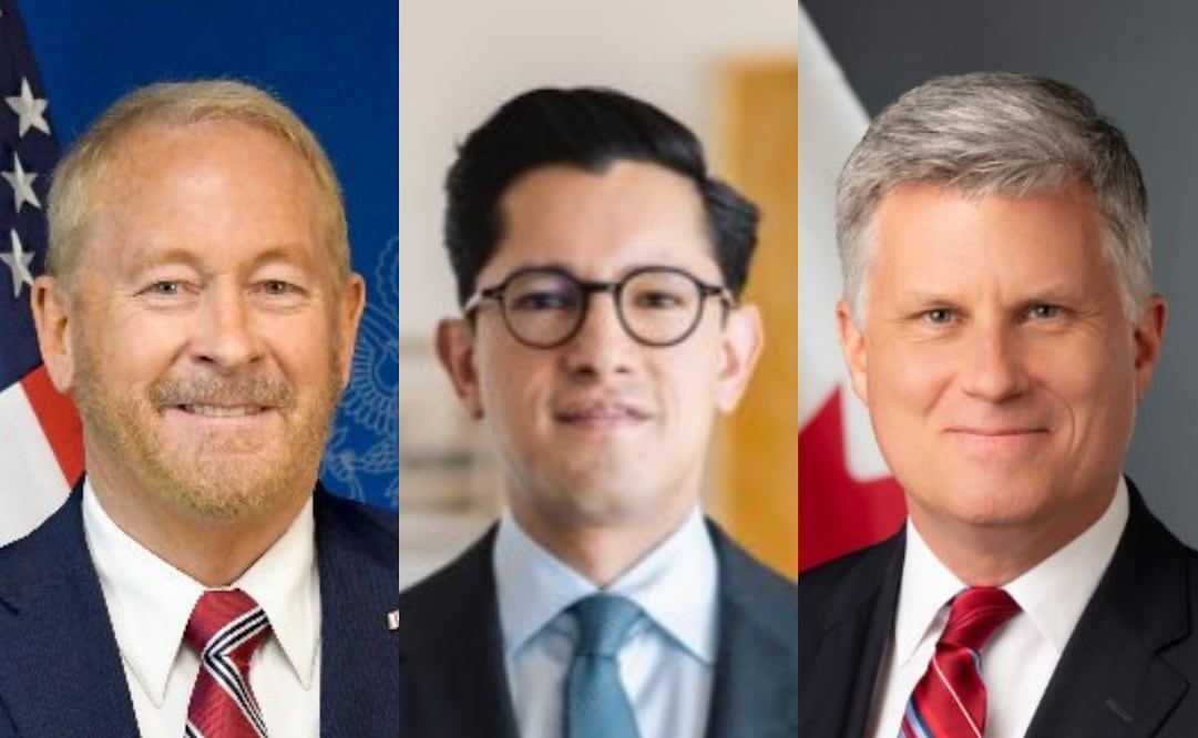El embajador de Estados Unidos en México, Ronald Johnson, el canciller Roberto Velasco, y el embajador de Canadá en México, Cameron MacKay. Foto: X