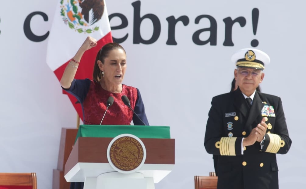 La presidenta de México Claudia Sheinbaum Pardo dando su mensaje en el evento "7 años de Transformación" en el Zócalo de la CDMX (06/12/2025). Foto: Carlos Mejía / EL UNIVERSAL