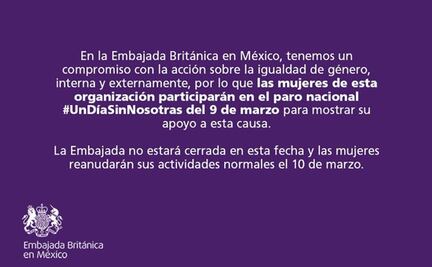 Mujeres que trabajan en la embajada británica se unen al paro en México