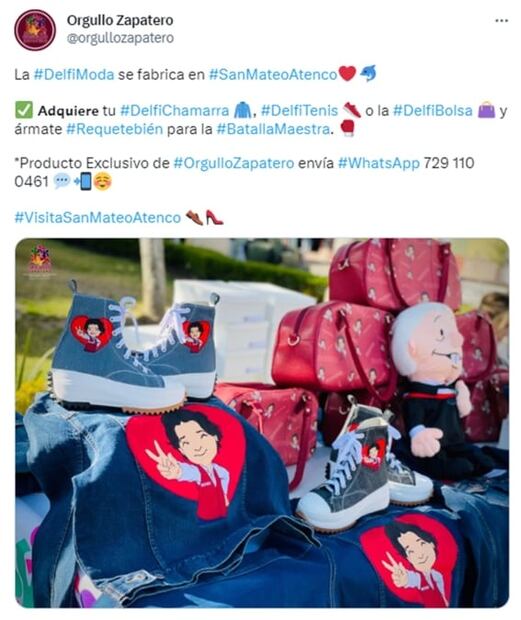 Con tenis, chamarras y bolsas lanzan "Delfimoda", mercancía con imagen de Delfina Gómez en Edomex