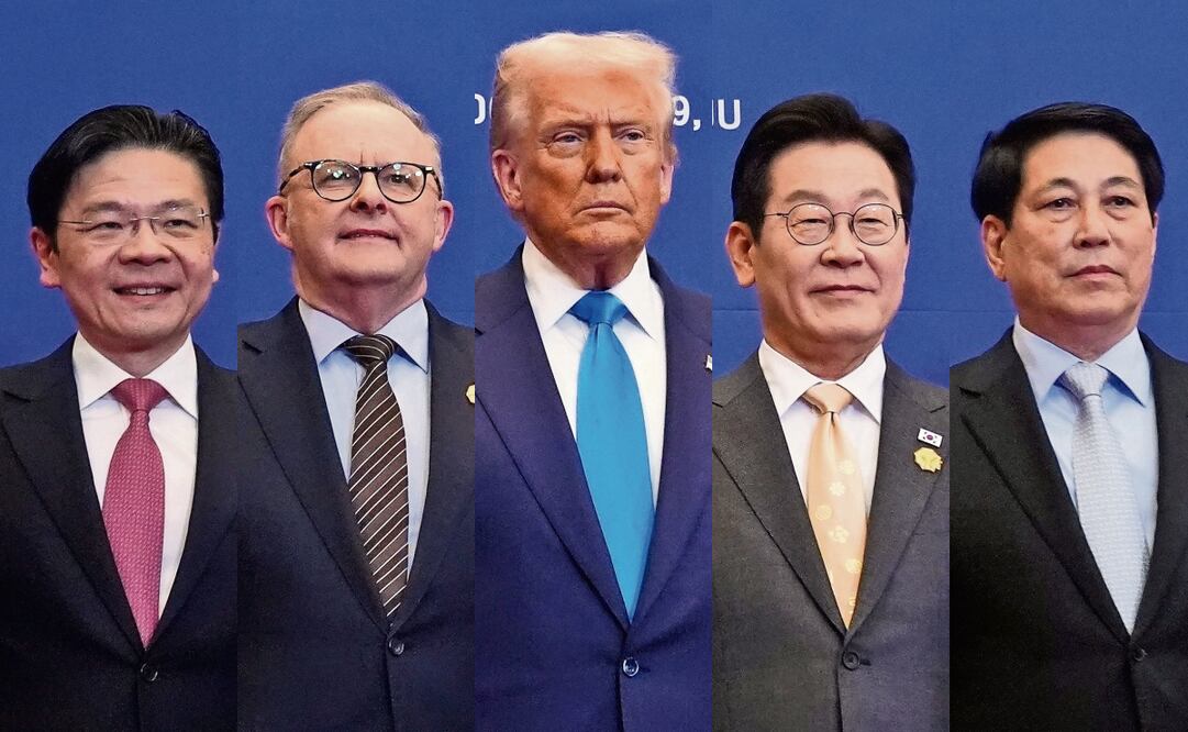 El premier de Singapur, Lawrence Wong; el premier australiano, Anthony Albanese; el presidente de Estados Unidos, Donald Trump, el presidente de Corea del Sur, Lee Jae Myung, y el de Vietnam, Luong Cuong, ayer en Gyeongju, Corea del Sur. Foto: Mark Schiefelbein / AP