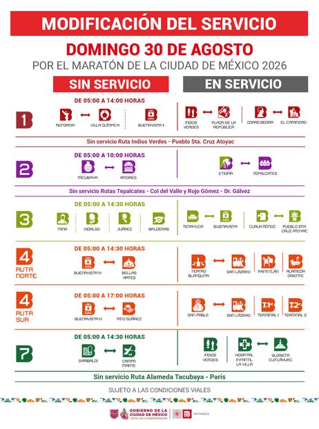 Modificaciones en el Metrobús de la Ciudad de México por el Maratón de la Ciudad de México - Foto: @MetrobusCDMX en X