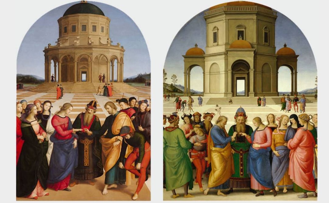 Del lado izquierdo, la interpretación de Rafael sobre "Los desposorios de la Virgen" sirve de anfitriona de la misma pieza ejecutada por el maestro Pietro Vannucci, proveniente del Museo de Bellas Artes de Caen. (FOTO: pinacotecabrera.org)