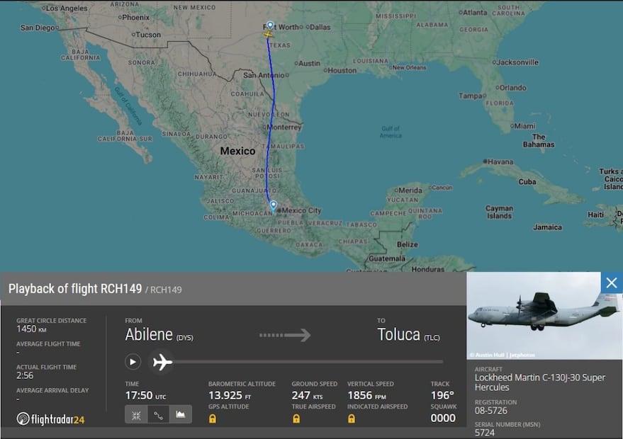 La aeronave de la Fuerza Aérea de Estados Unidos despegó de la base militar Dyess, en Abilene, Texas a las 11:50 horas, y arribó a la capital mexiquense a las 14:46 horas. Foto: Flightradar24