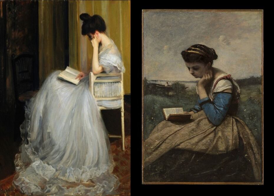 Dos cuadros. El de la izquierda titulado Una mujer leyendo es de autoría de Jacques-Émile Blanche (Bellas Artes, gobierno de Argentina) y el de la derecha es de Camille Corot (EL MET).