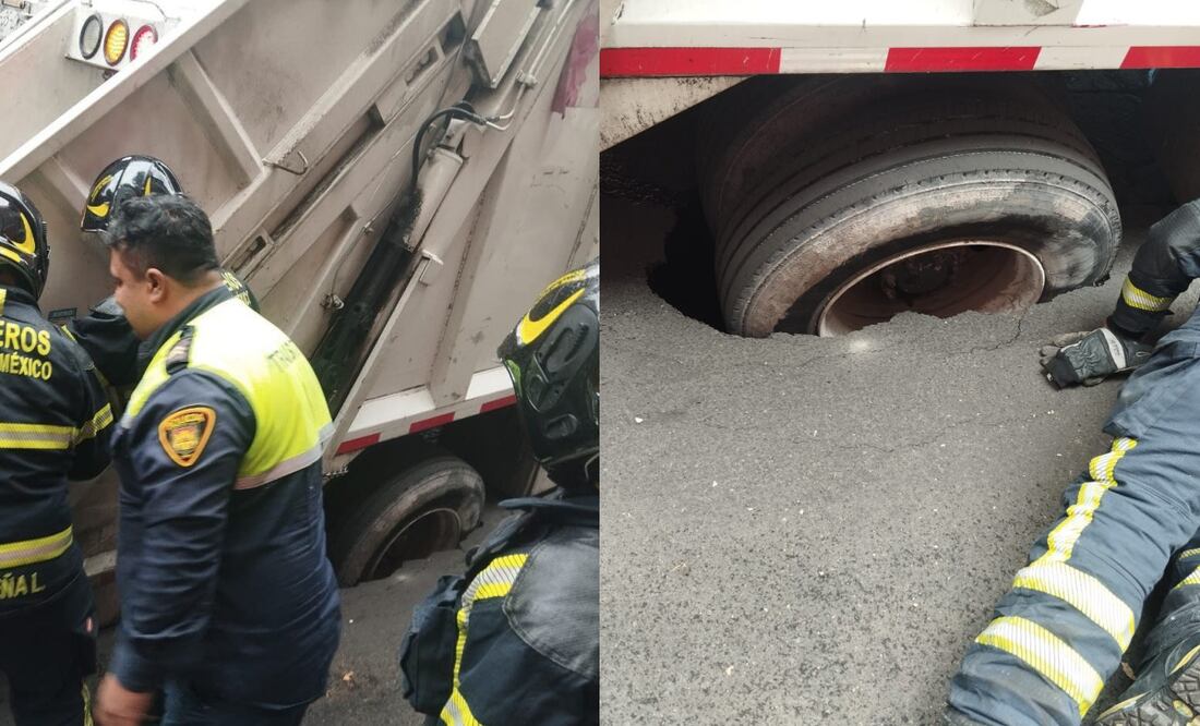 Camión recolector de basura queda atorado en un nuevo socavón en la alcaldía Cuauhtémoc
Foto: Especial.