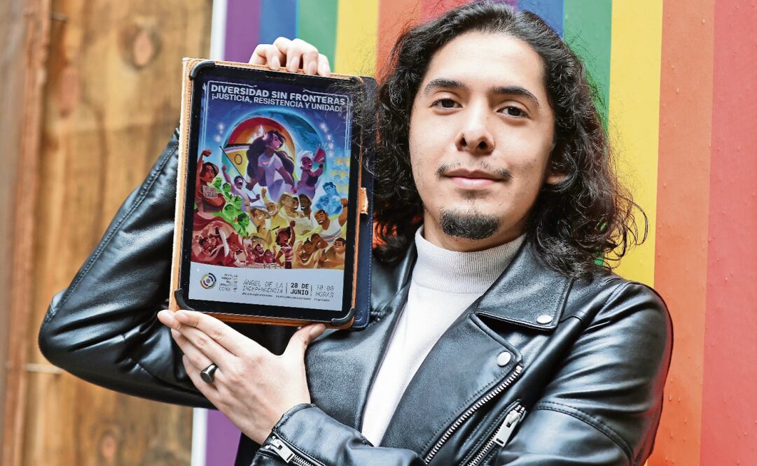 En el cartel Cromática Universal, Juan Pablo Velázquez representa a las mujeres trans, personas que exigen justicia y se recuerdan los inicios de la marcha en la capital. Foto: Berenice Fregoso / EL UNIVERSAL