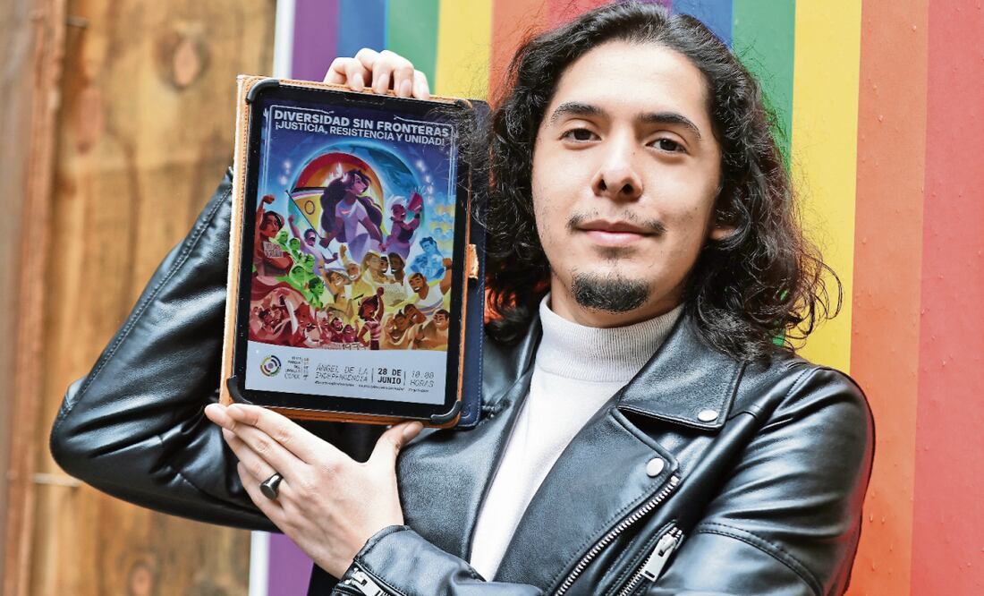 En el cartel Cromática Universal, Juan Pablo Velázquez representa a las mujeres trans, personas que exigen justicia y se recuerdan los inicios de la marcha en la capital. Foto: Berenice Fregoso / EL UNIVERSAL