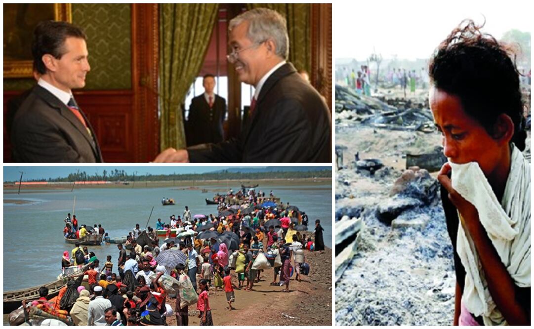 (Top) President Peña Nieto greets Bangladesh Ambassador to Mexico, (Bottom) Rohingya exodus into Bangladesh, (Left) Rohingya woman gazes at the ashes of a village burned down - Photos: Courtesy of Bangladesh Embassy in Mexico