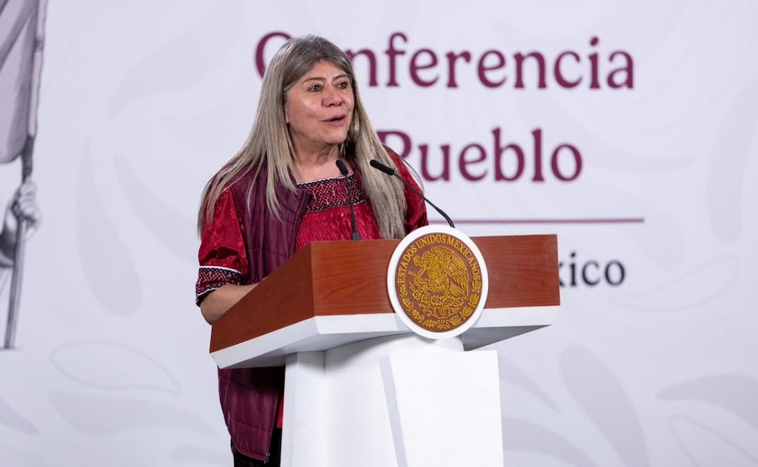 Rocío Mejía Flores, directora general de Finabien, en la conferencia matutina de la presidenta Claudia Sheinbaum Pardo. Foto: Hugo Salvador / EL UNIVERSAL
