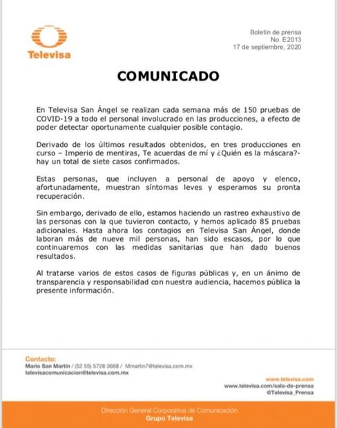 Detectan siete nuevos casos de Covid-19 en producciones de Televisa