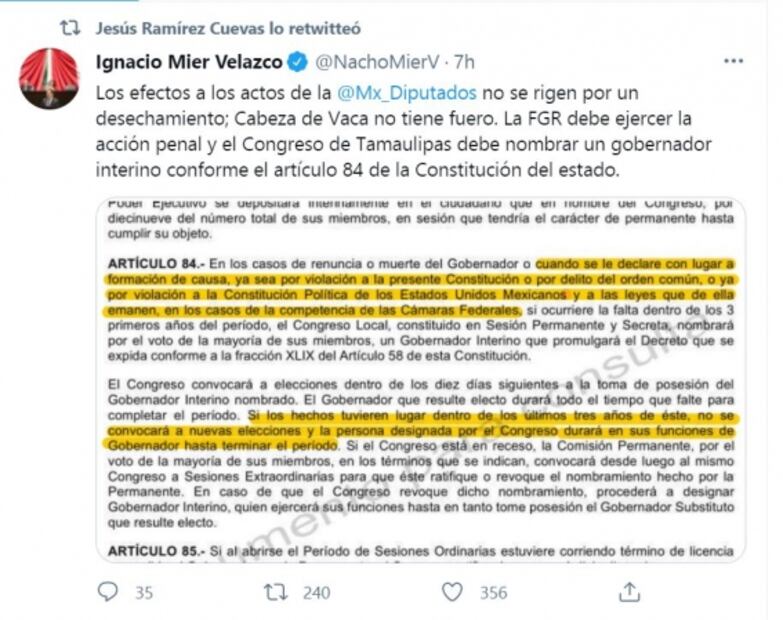 Olga Sánchez y vocero de AMLO impulsan mensaje: "Cabeza de Vaca no tiene fuero"