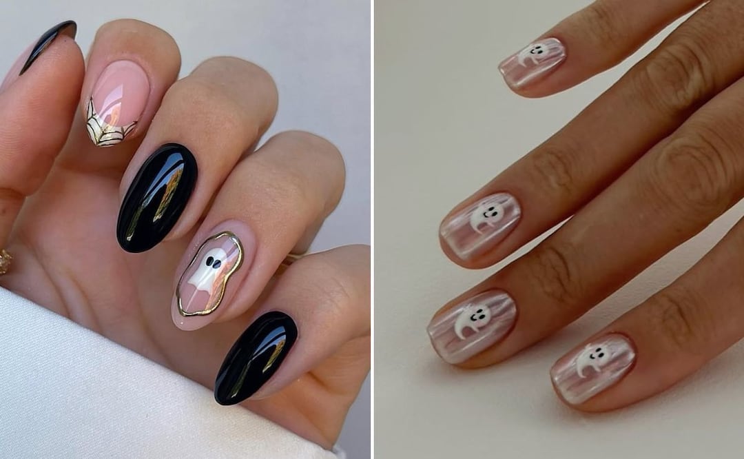 Las uñas con fantasmas son de las favoritas en Halloween. Foto: Especial. Instagram @nails.by.iz_ @_by_shelley