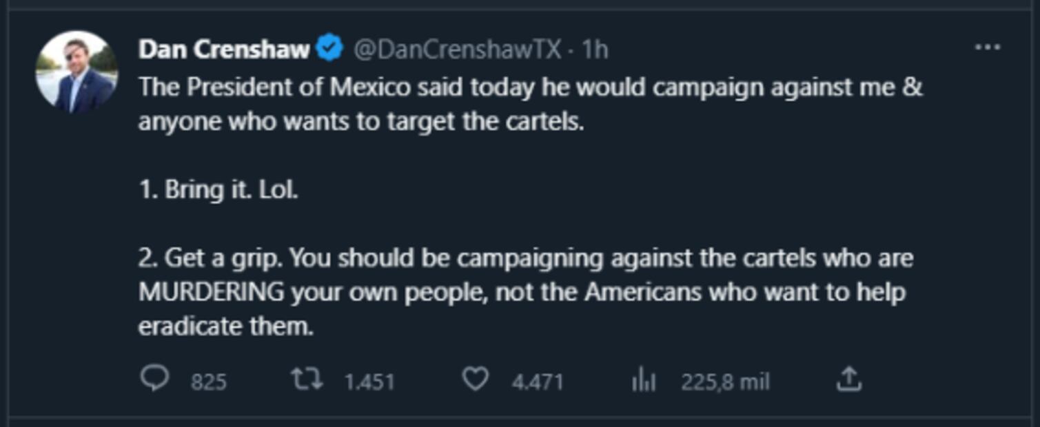 "Debería hacer campaña... pero contra los cárteles", responde a AMLO republicano que propuso usar al ejército de EU en México