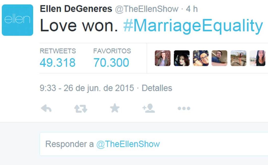 "El amor ganó", escribió Ellen DeGeneres en Twitter. FOTO: Twitter/@TheEllenShow