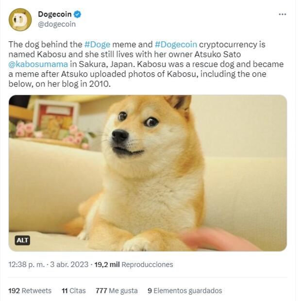 La cuenta oficial de Dogecoin compartió el significado del nuevo icono de Twitter. Foto: Captura de pantalla tomada de Twitter