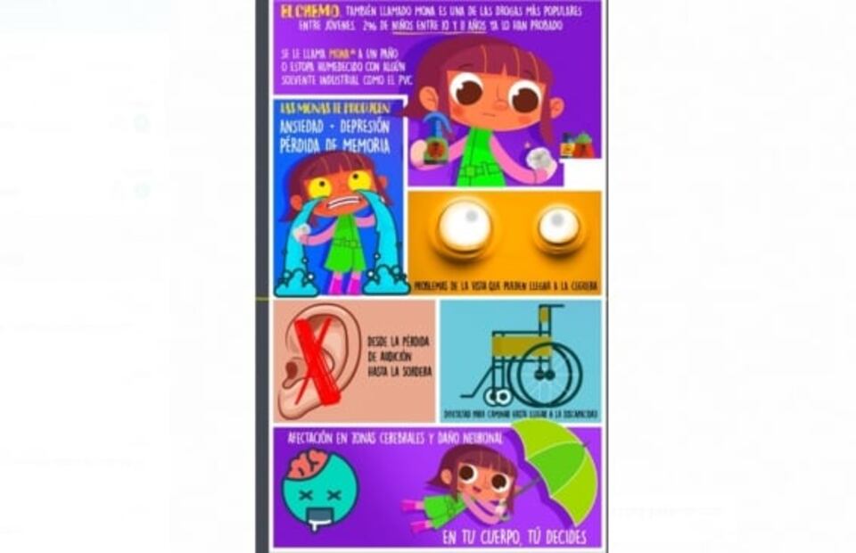 Estas son las imágenes de los folletos que alertan a niños sobre el consumo de drogas
