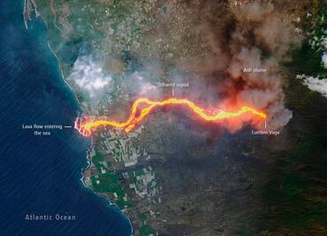 Captan desde el satélite Sentinel-2 el recorrido de lava del volcán La Palma hacia el mar