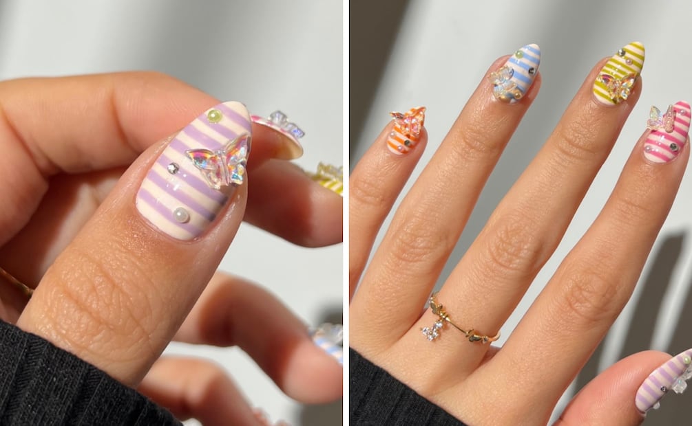 El toque de esta striped nails son los detalles en 3D. Foto: Instagram @samrosenails
