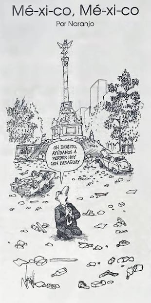 Caricatura de Rogelio Naranjo. Tras el empate, disminuyó el interés de los capitalinos en festejar, pero hubo habitantes que temían un desmán peor: “si contentos le hicieron lo que le hicieron al mismísimo Padre Hidalgo, ya enojados, acaban con todo y las vallas”, se leyó en este diario. Foto: Archivo EL UNIVERSAL.