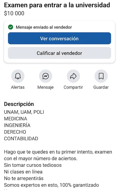 Los anuncios de ayuda para los exámenes son publicados en el sitio de Marketplace de Facebook.