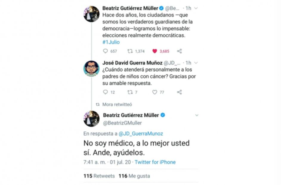 Tras polémica, Beatriz Gutiérrez baja tuit sobre niños con cáncer