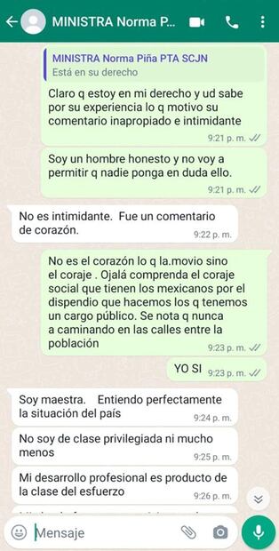 Presidenta de la Corte, Norma Lucía Piña le responde en supuestos chats a Alejandro Armenta. Foto: Especial