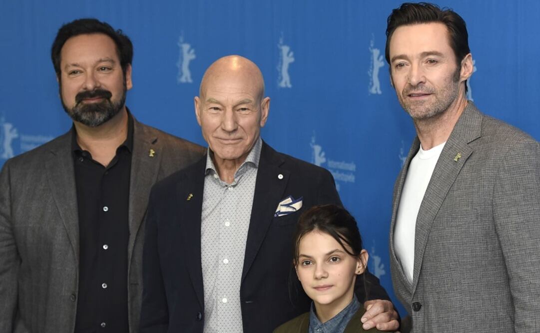 El director estadounidense James Mangold, el actor británico Patrick Stewart, la actriz brito-española Dafne Keen y el actor australiano Hugh Jackman.FOTO: Xinhua