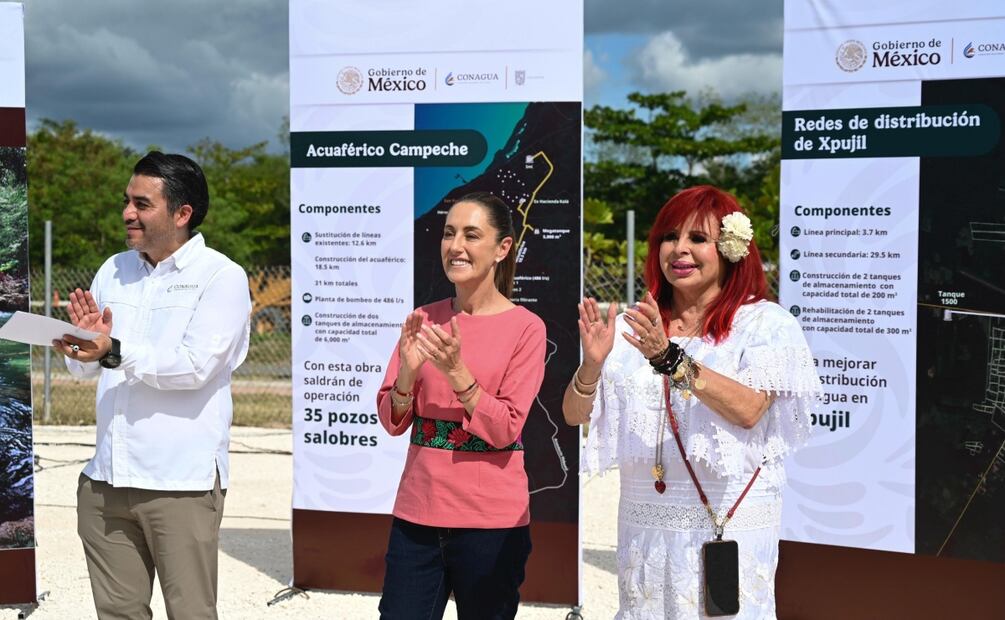 Claudia Sheinbaum da banderazo de inició de las obras del proyecto de Agua para Campeche junto a la gobernadora
Layda Sansores (14/11/2025). Foto: Presidencia
