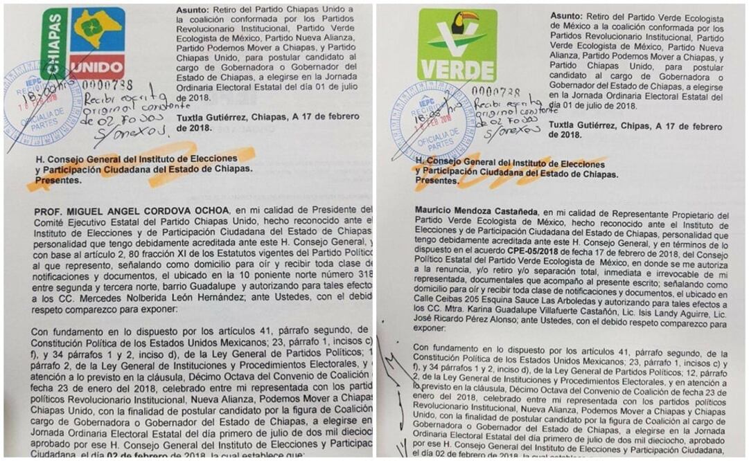 Documentos donde se manifiesta el retiro de la alianza del PRI y Nueva Alianza. Fotos: Fredy Martín