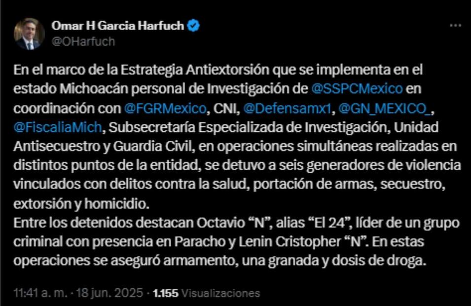 Omar García Harfuch, titular de la SSPC, reporta detención de generadores de violencia en Michoacán. Foto: Captura de pantalla tomada de la cuenta de X de @OHarfuch.