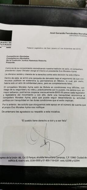 Noroña busca recaudar 159 mil 500 al mes para Evo; pide a cada diputado 500 pesos