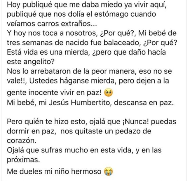Muere bebé de 3 semanas alcanzado por una bala en Sonora