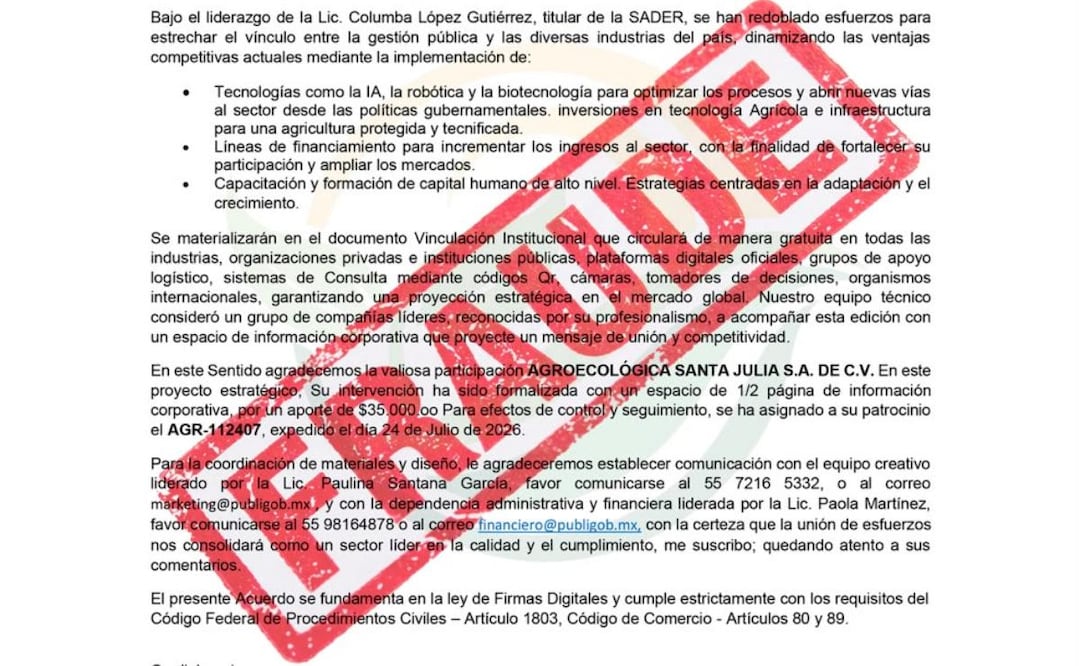 Agricultura alerta por fraude a productores por medio de oficios falsos (22/08/2026). Foto: Especial