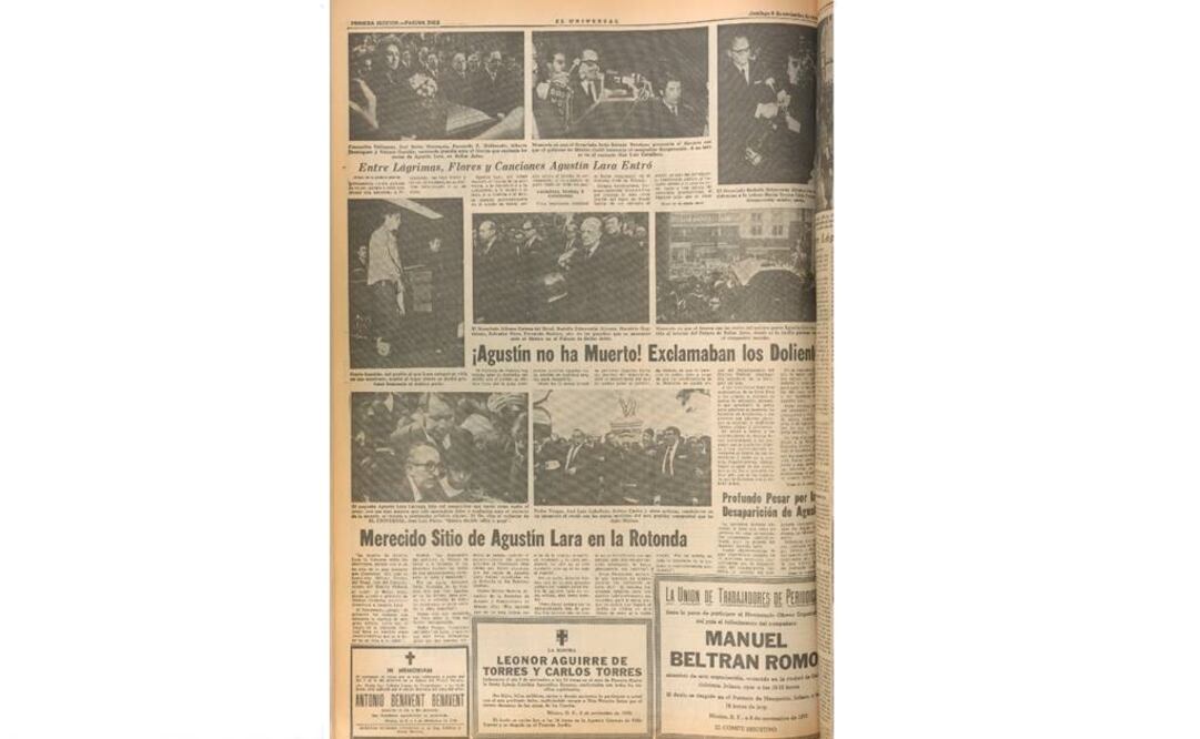 Noviembre de 1970. Nota de la muerte del compositor Agustín Lara, en las páginas de EL UNIVERSAL. FOTO: Hemeroteca EL UNIVERSAL.