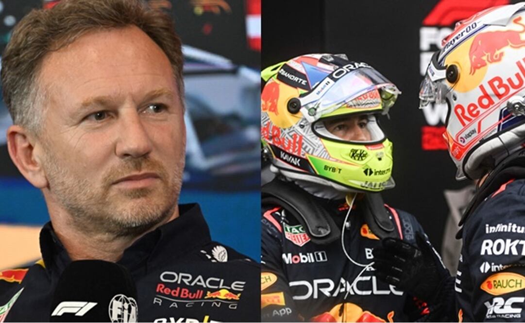 Christian Horner, Checo Pérez y Max Verstappen - Foto: Especial