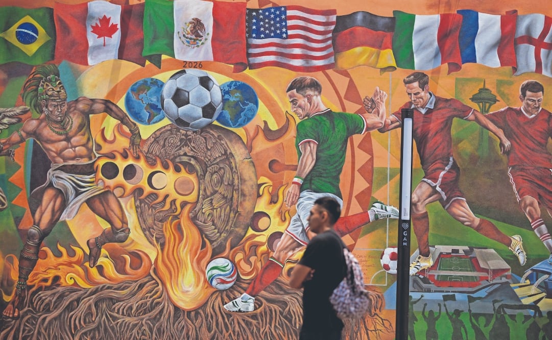 Un mural pintado a mano con motivos del Mundial 2026 en la Ciudad de México. Foto: Alfredo Estrella/ AFP