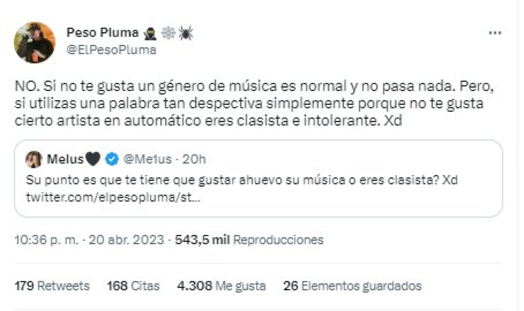 El artista indicó que no es necesario que te guste su música, sólo respetar a quienes sí. / Foto: Twitter.