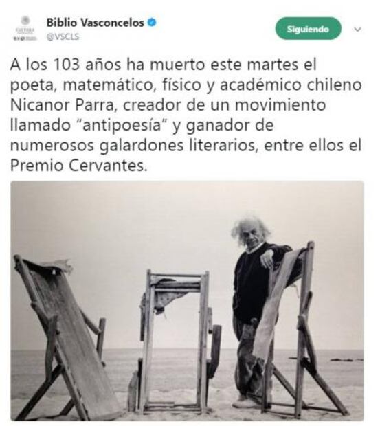 Lamentan fallecimiento de Nicanor Parra