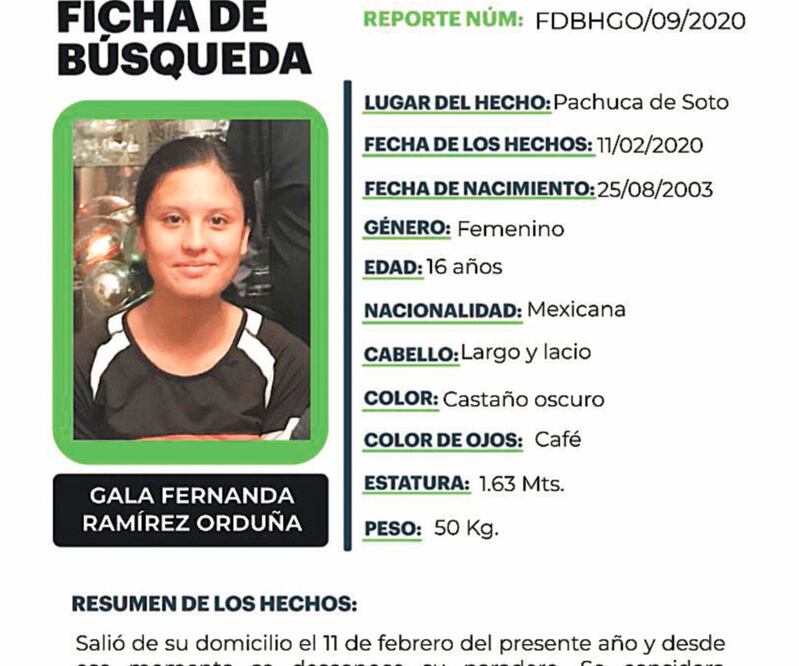 Gala Fernanda Ramírez Orduña, de 16 años, fue vista por última vez al salir de su domicilio en la colonia La Surtidora, en Pachuca. Foto: ESPECIAL